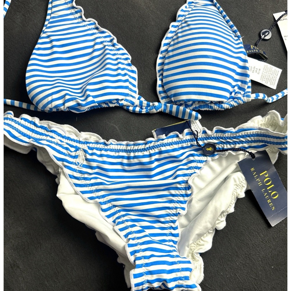 Polo Ralph Lauren Striped Bikini Set Small Blue White Ruffle Nautical Preppy New